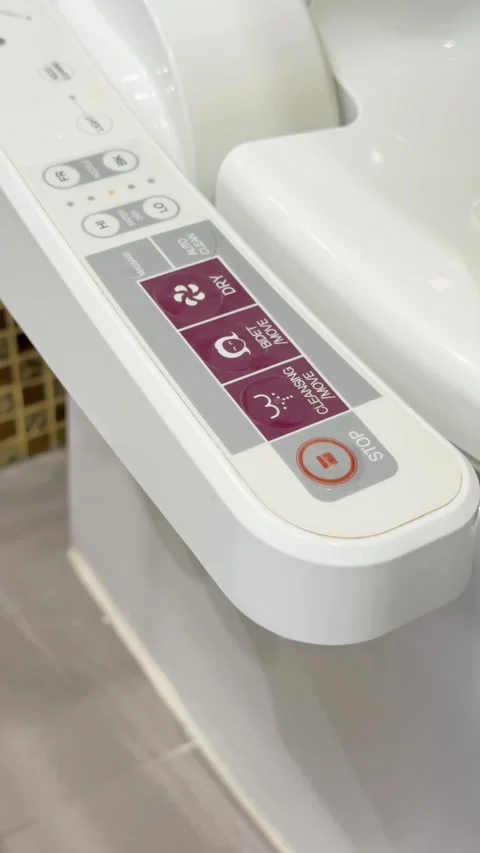 User activates features on modern toilet control panel for enhanced comfort in Stock Footage 305636044