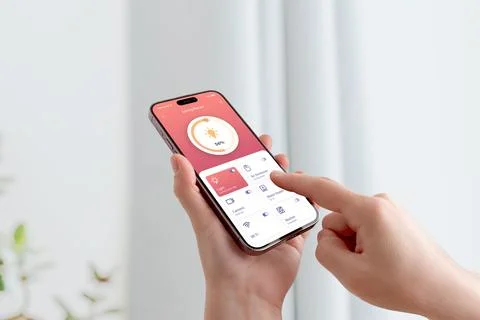 User adjusting room lighting through smartphone interface with modern smart h Stock Photos