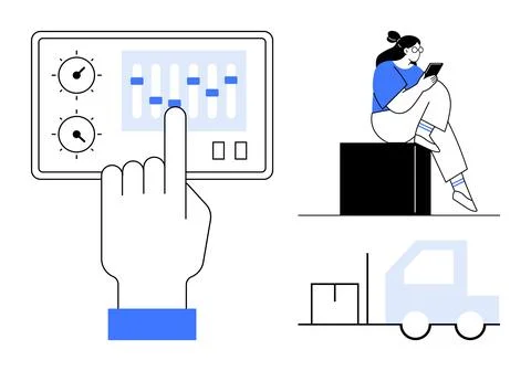 User adjusts control panel settings with dials and sliders. Woman sits readin Stock Illustration