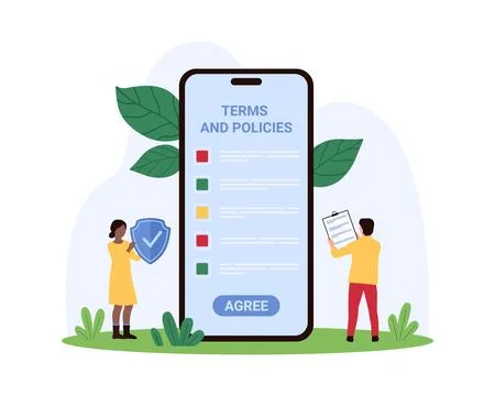 User agreement online, software privacy policy, tiny people read document on Stock Illustration