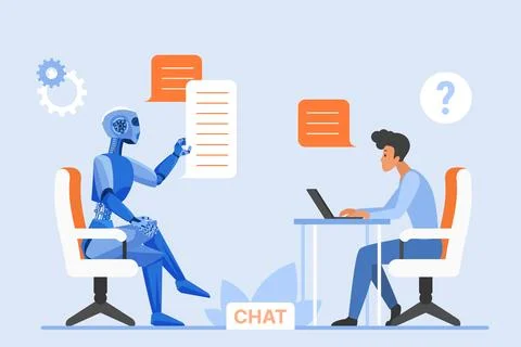 User and chat bot conversation, chatgpt, tiny man sitting at computer desk to Stock Illustration