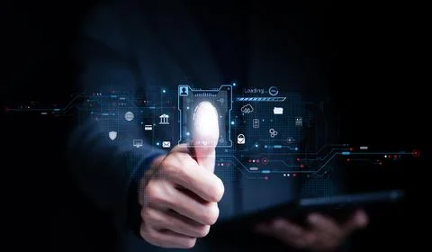 User authentication system with on virtual screen fingerprint scanning tech. Stock Photos