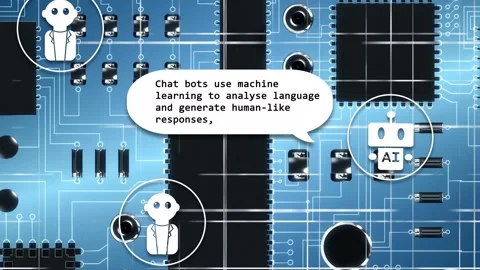 User avatar asking on chip, AI robot turning binary to text, bubbles moving, Stock Footage 335465694