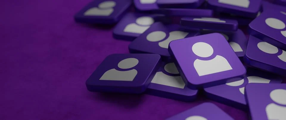 User avatar icon, button, profile symbol, flat person icon in purple tiles. Иллюстрация