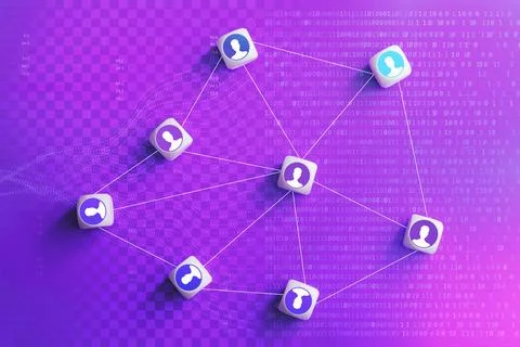 User avatar icons connected in network nodes over purple binary data backgr.. Stock Photos