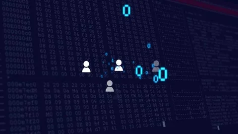 User avatars clustering around spawning binary digits in tech UI, digits showing Stock Footage 332591895