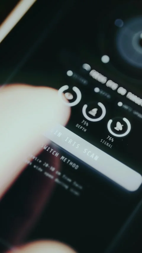 User begins iris scan on biometric authentication screen from mobile banking Stock Footage 334406250