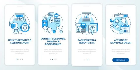 User behaviour analytics blue onboarding mobile app page screen with concepts Stock Illustration