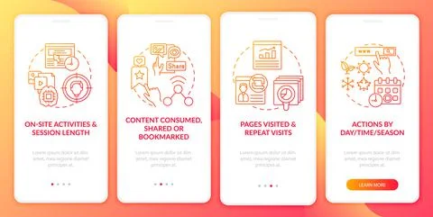 User behaviour analytics red onboarding mobile app page screen with concepts Stock Illustration
