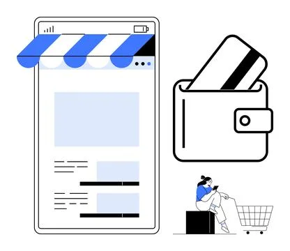 User browsing shopping website on mobile, card in digital wallet, person with Stock Illustration