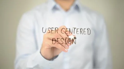 User Centered Design, Man Writing on Transparent Screen Stock Photos