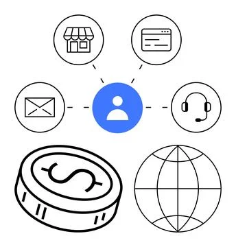 User Centered Network with E-commerce, Support, Email, and Financial Connec.. Stock Illustration