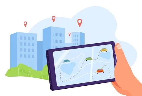 User character hand hold technology gadget tablet with mobile application car Stock Illustration