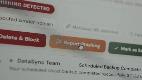 User clicks the button labeled Report Phishing within the email interface Stock Footage 333371051