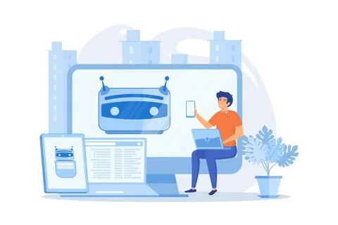 User with computer, laptop and tablet screens with chatbot and digital habi.. Stock Illustration