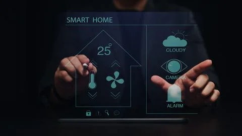 User controlling all the functions on a virtual screen of futuristic interface Stock Photos