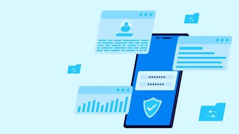 User data protection concept with 3D smartphone on light blue background Stockillustratie