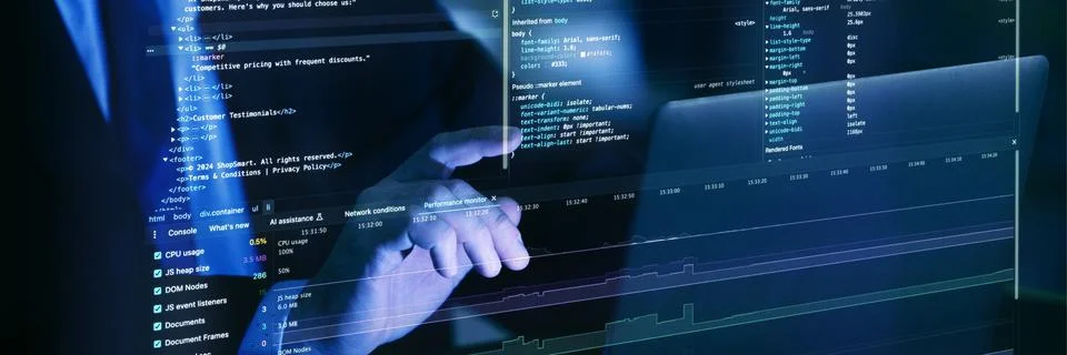 User debugging fictional code on virtual console interface, illustrating dynamic Foto stock