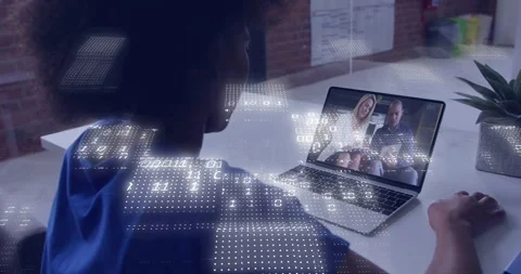 User at desk watching laptop, hosts pointing binary grid sweeping across back, Stock Footage 328396539