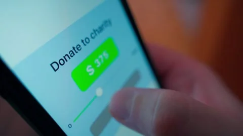 User engages with mobile app to make a charitable donation seamlessly and Stock Footage 305183605