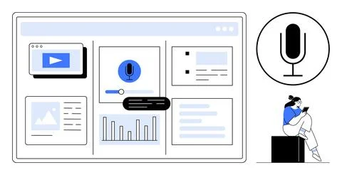 User Engaging with Voice-Activated Interface on Tablet, Surrounded by Multi.. Stock Illustration