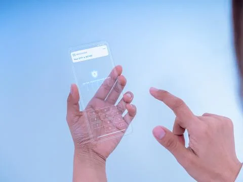 User entering OTP code on futuristic transparent smartphone interface. Two .. Stock-Fotos