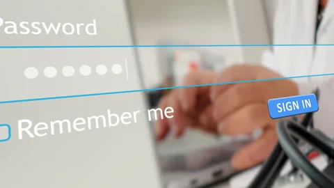 User enters password to sign in on website with doctor in background Vídeo Stock 334023046