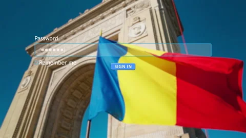 User enters password on website with Romanian flag in background 動画素材 334023029