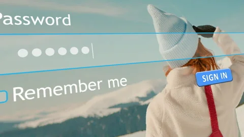 User enters password for website sign in with mountain backdrop Stock Footage 334023096