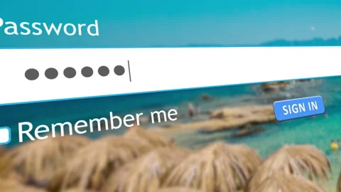 User enters password on website while enjoying beach background view Stock Footage 334022754