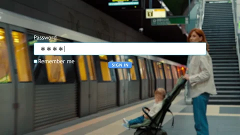 User enters password on website while waiting for subway Stock Footage 346710876