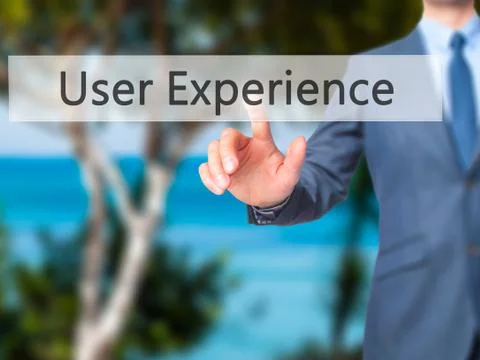 User Experience -  Businessman click on virtual touchscreen. Stock Photos