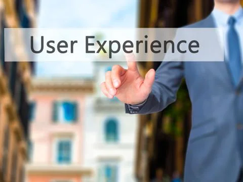 User Experience -  Businessman click on virtual touchscreen. Stock Photos