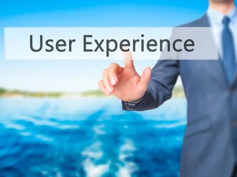 User Experience -  Businessman click on virtual touchscreen. Foto stock