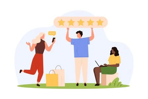 User experience, customers feedback, tiny people holding 5 stars award to rate 스톡 일러스트
