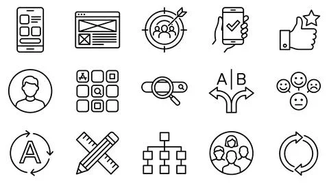 User experience design and digital product development line icon set Illustrazione stock