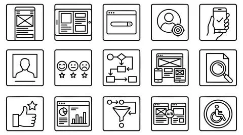 User experience design and web development outline icon collection set 스톡 일러스트
