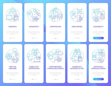 User experience design basics blue gradient onboarding mobile app screen set Stockillustratie