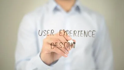 User Experience Design, Man Writing on Transparent Screen Stock Photos
