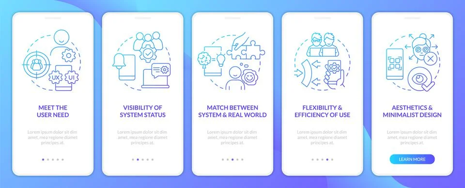 User experience design research blue gradient onboarding mobile app screen Stock Illustration