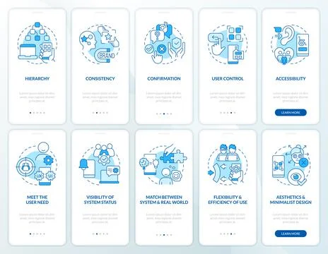 User experience design rules blue onboarding mobile app screen set Stockillustratie