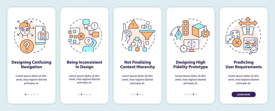 User experience design top mistakes onboarding mobile app screen Stock Illustration