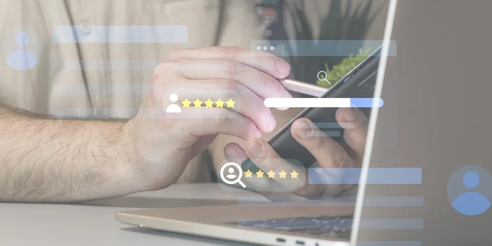 User experience evaluation: hands using a smartphone with a digital rating .. Stock Photos