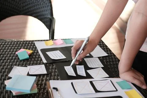 User experience, UX designer designing web on smartphone layout. UI planning  Stock Photos