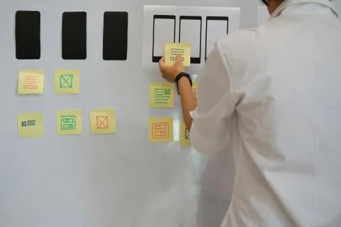 User experience UX designer designing web on smartphone layout. UI planning m Stock Photos