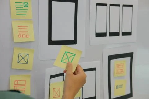 User experience UX designer designing web on mobile phone tablet layout. UI p Stock Photos