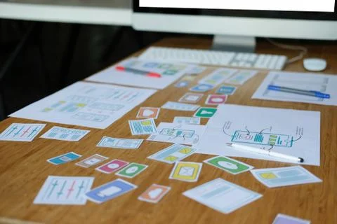 User experience UX designer designing web on smart phone layout. UI developer Foto stock