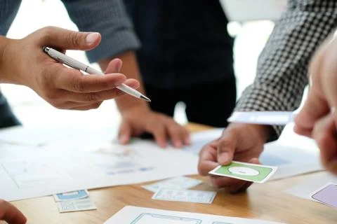 User experience UX designer designing web on smart phone layout. UI developer 스톡 사진