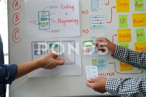 User experience UX designer designing web on smart phone layout. UI developer Stock Photos