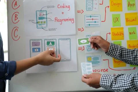 User experience UX designer designing web on smart phone layout. UI developer Stock Photos
